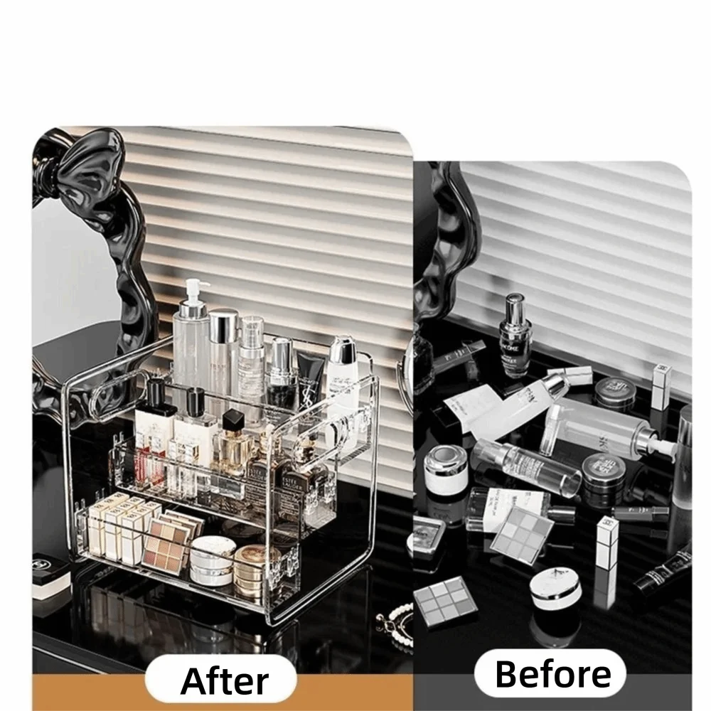 Transparent Cosmetic Storage Box Three-Tier Design Portable Compartment Display Case Snap Detachable Slanted Storage Basket Vue