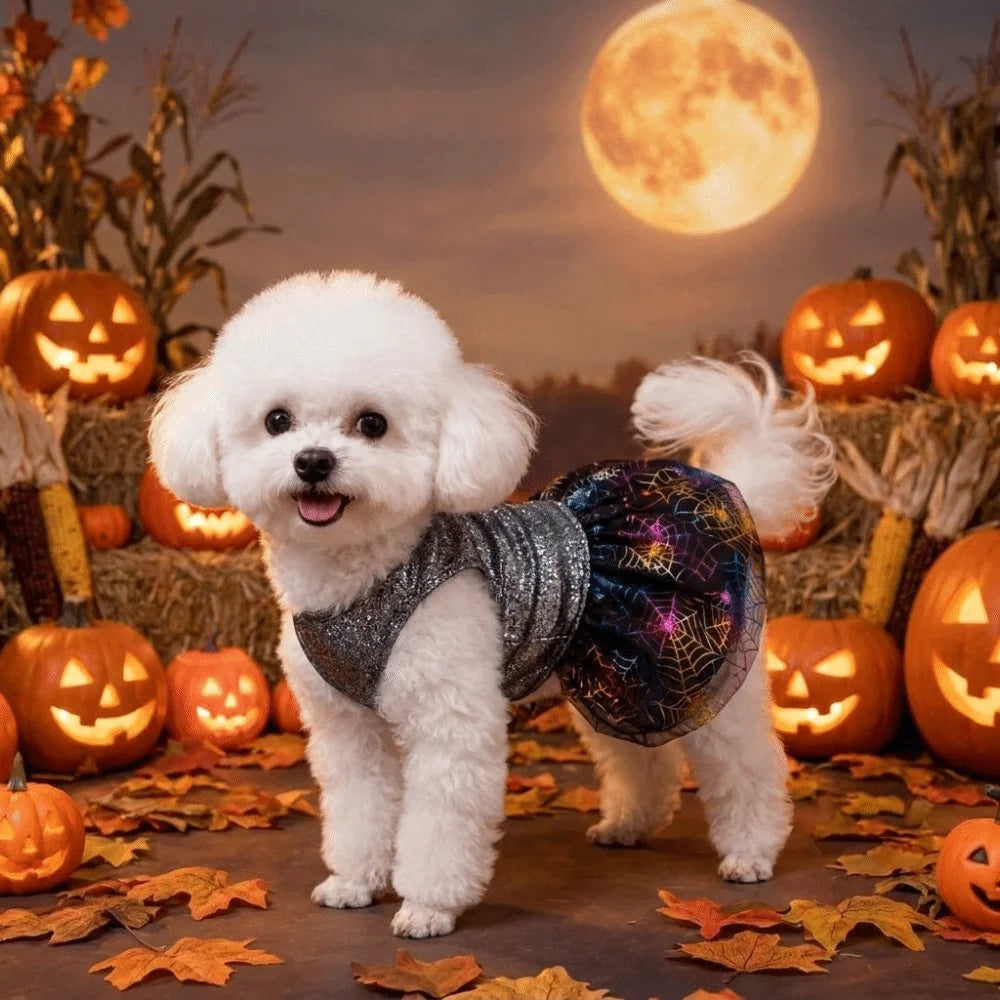 Breathable Halloween Pet Laser Dress Spider Web Pattern Soft Dog Shiny Dress Comfortable Halloween Dog Clothes Halloween Party Vue