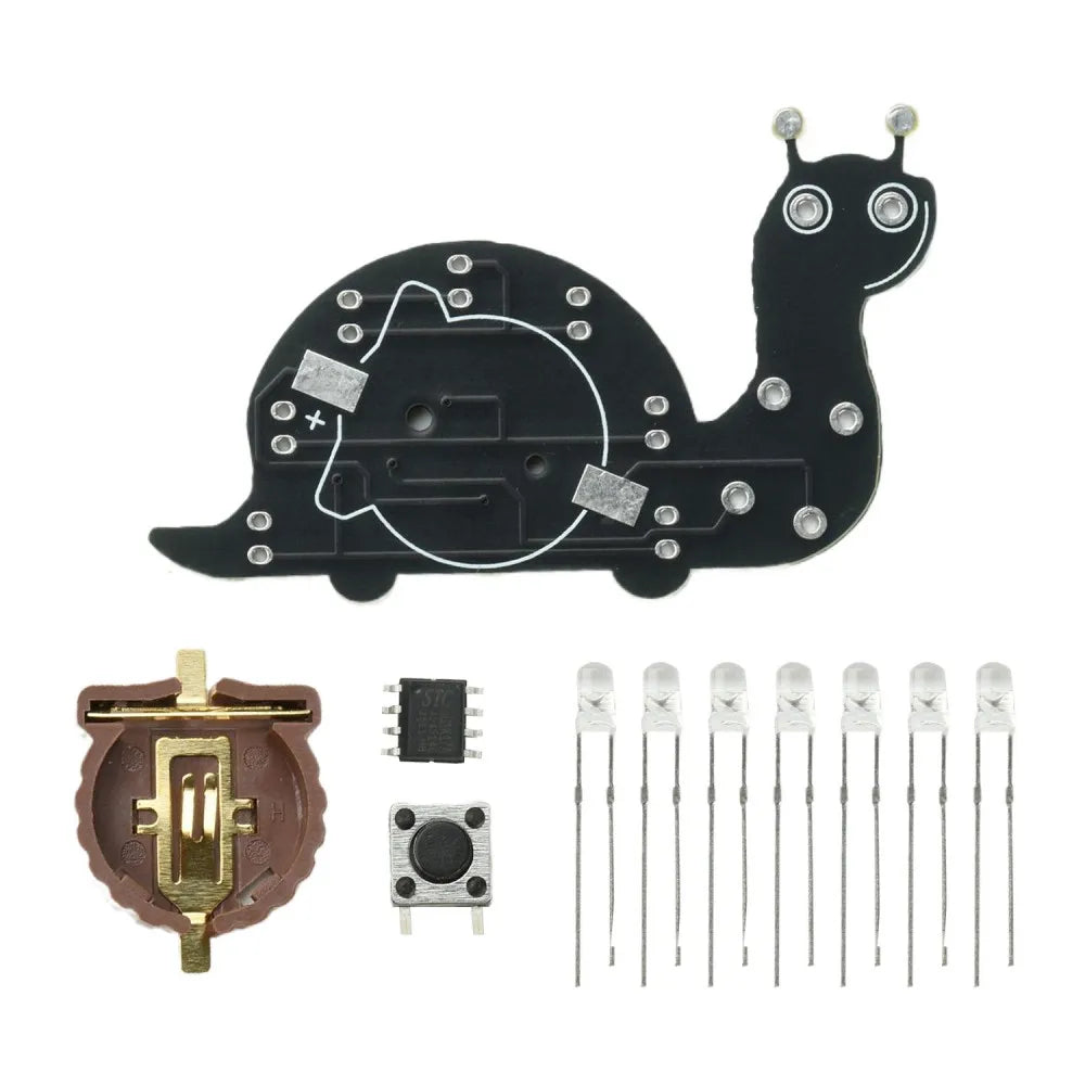 Snail Shape LED Running Light Soldering Practice Board DIY Electronic Kit 7 Green LEDs 6 Lighting Modes Welding Training Kit Vue