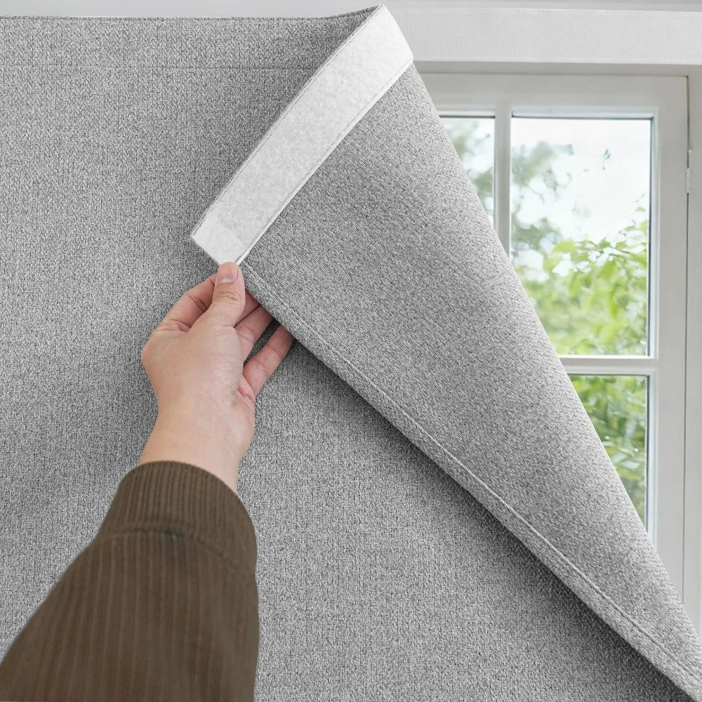 Self-Adhesive Blackout Curtains Light Blocking UV Protection Magic Tape Curtain Dust-proof Imitation Linen Texture Window Shade Vue Grey-35.04x35.83 in
