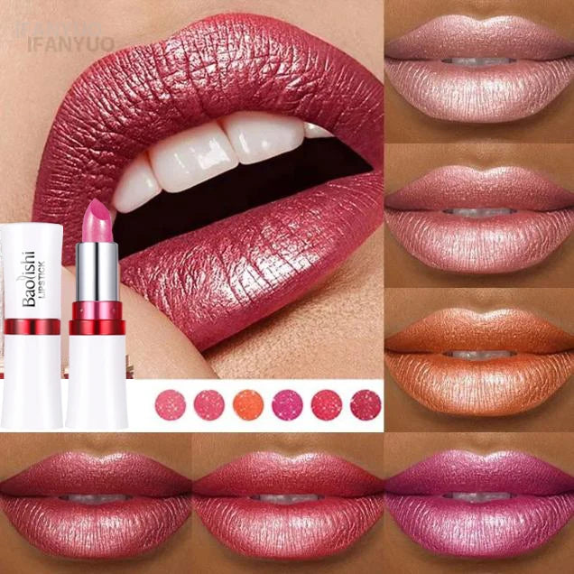 Rose Metallic Lipstick Glitter Lip Glaze Waterproof Long Lasting Moisturize Bright Red Pearlescent Shiny Lipgloss Makeup 12color Vue