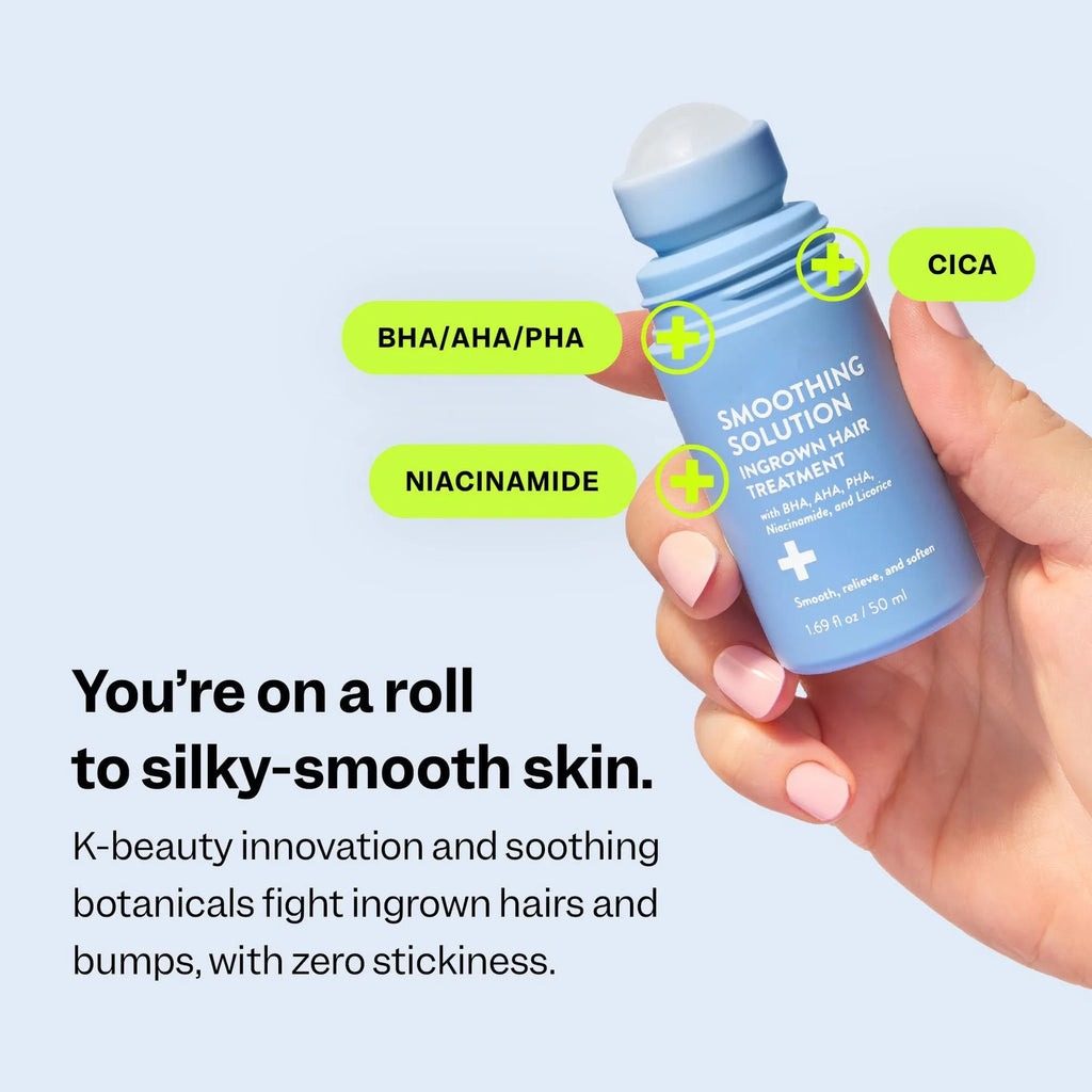 Smoothing Solution Hair Treatment (1.69 oz) - Smooth, Relieve, Soften Skin - 360 Roller - BHA, AHA, PHA, Niacinamide, Vegan Vue