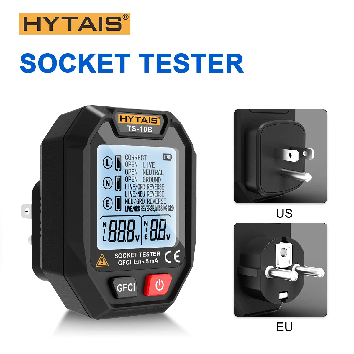 TS-10B Outlet Detector Battery Powered Smart Sock Detector Backlit Display EU US Ground Live Neutral Wire Polarity Phase Check Vue black EU Plug