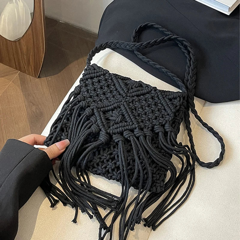 Women Crochet Shoulder Bag Tassel Handwoven Crossbody Solid Bohemian