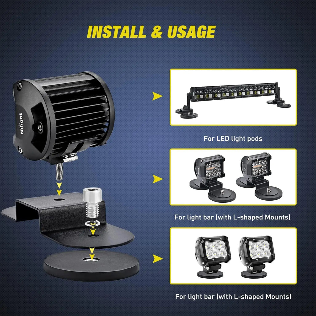 Nilight 2PCS Magnetic Base Light Bar Mount Strong Holder with Rubber Boot for LED Pod Work Lights Off Road Truck SUV Vue