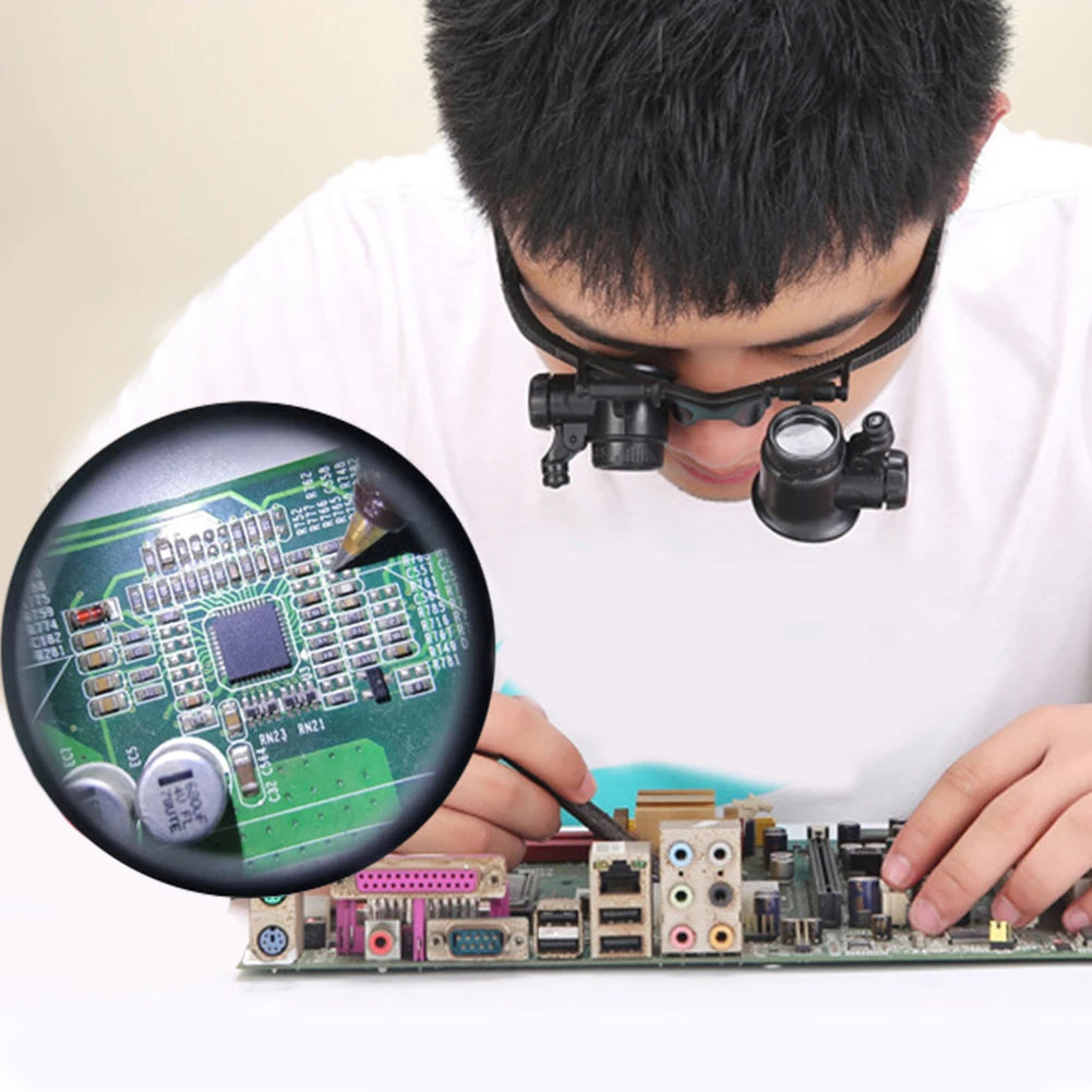 10-25X Head-Worn Magnifier with LED Lights Jewelry Antique Clock Repair Tool Adjustable Headband Glass (Battery Not Included) Vue