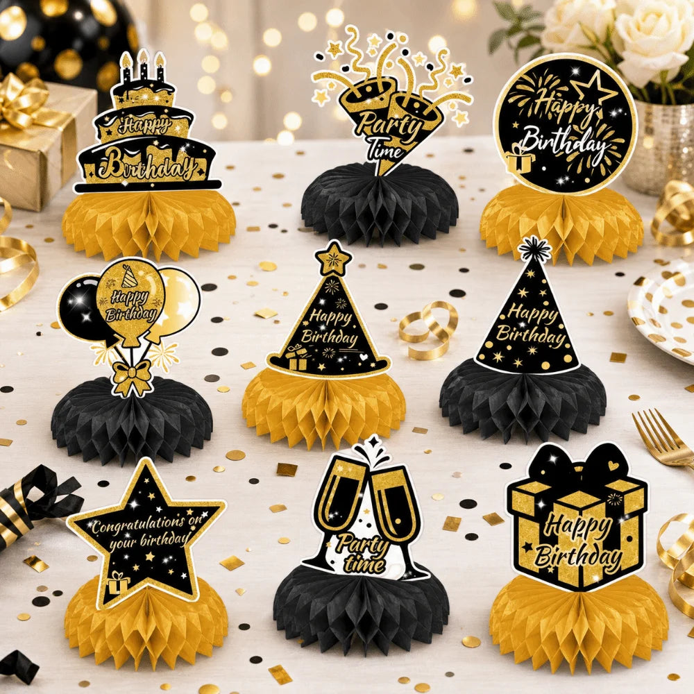 9Pcs/Set Shiny Birthday Paper Honeycomb Decor Vivid Color 3D Party Honeycomb Decorations Foldable Paper Birthday Party Supplies Vue