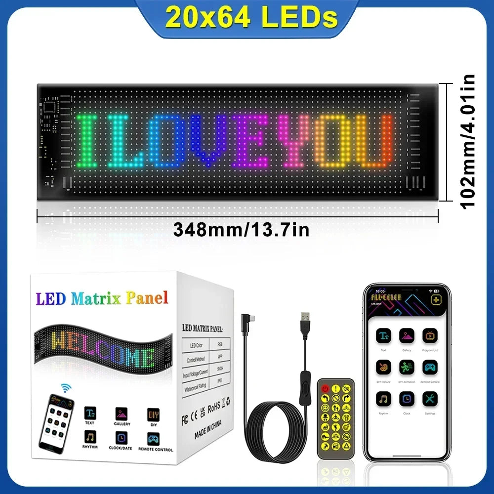 Smart Bluetooth APP LED Matrix Pixel Panel Programmable Flexible Scrolling LED Display Night Light for Car Store Hotel Bar Vue 20x64LEDS USB Plug