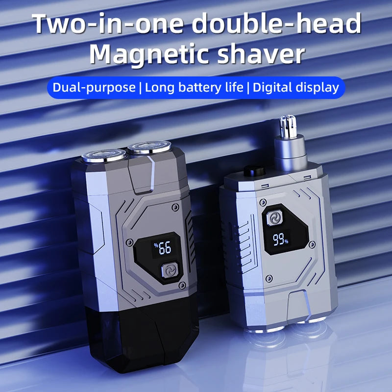 Magnetic Double Blade Electric Shaver for Men Mecha Punk Style Rechargeable LCD Vue