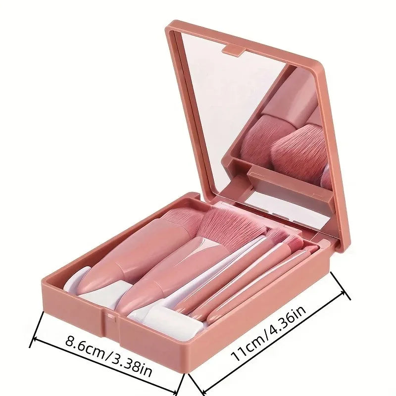Mini Square Makeup Case with 5 Brushes, Mirror, Mini, Multi-functional, Portable Small Set, Loose Powder Brush, Foundation Brush Vue