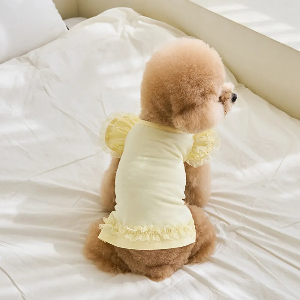 Comfortable Lace Pet Summer Vest Soft Breathable Cat Base Skirt Flying Sleeve Dog Clothes Small Animal Vue Yellow XS