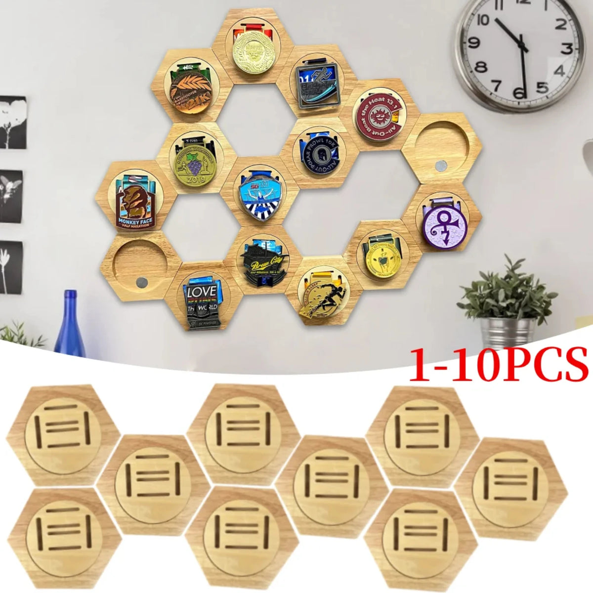 Pine Wood Medal Holder Hexagonal Wood Medal Rack Honeycomb Combination Medal Display Stand Creative Splicing Wall Decor Gift Vue