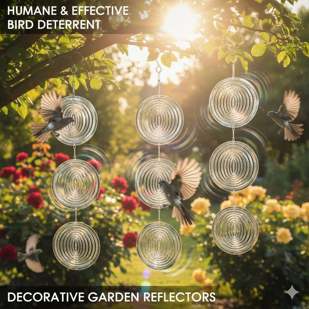 Reflective Hanging Bird Repeller Discs,Wind Chime Bird Deterrent for Garden,Decorative Birdproofing Reflectors to Keep Bird Away Vue