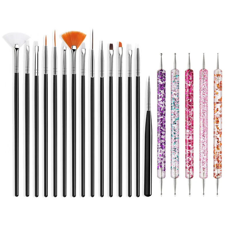 5/20Pcs Nail Art Brush Design Tip Painting Drawing Carving Dotting Pen FlatFan Liner Acrylic Gel UV Polish Manicure Tools Vue 05