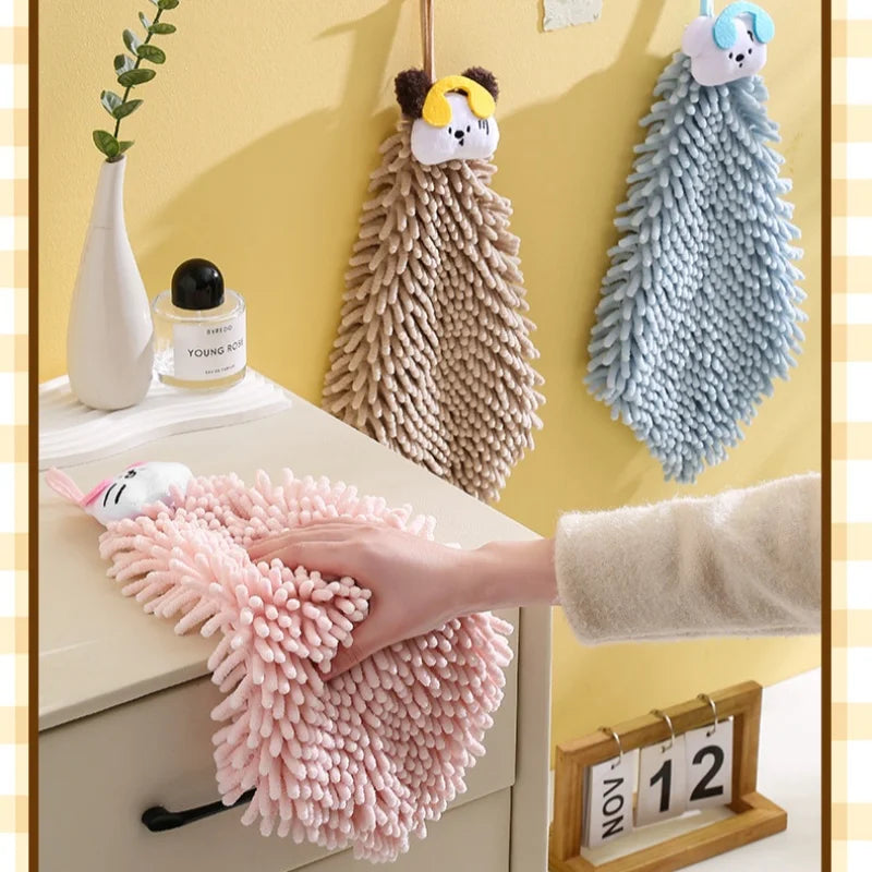 Puppy Holiday Cartoon Simple Chenille Hand Towel, Dual-Use Hanging Towel for Kitchen and Bathroom, for Wiping Hands, Cleaning Glass, and Washing Cars, Cleaning Supplies, Thickened Chenille Fabric, Fine Plush, Thick and Skin-F Vue