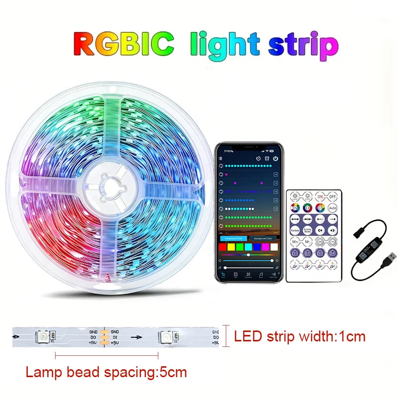 1-20M LED Strip Lights WS2812B RGBIC Music Sync Remote APP Control 5V USB Flexible Ribbon for Bedroom Party TV Backlight Decor Vue