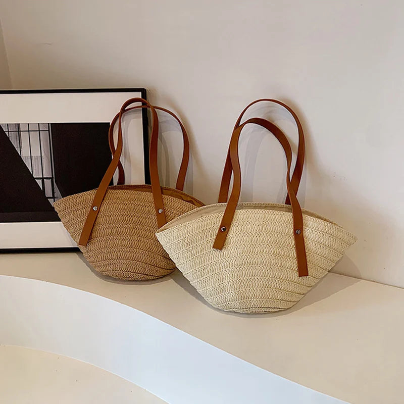 Women Braided Basket Top-handle Bag Large Capacity Straw Portable