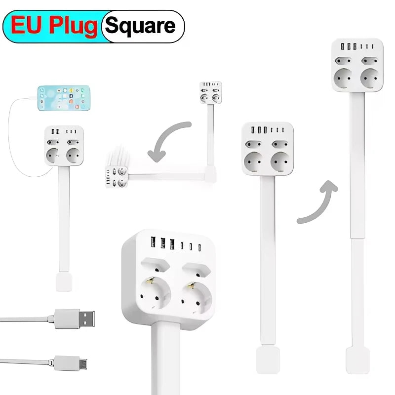 Power Outlet Extender Power Socket Expander 2xAC Sockets 1xUSB A 1xUSB C Plug and Play 180 Degree Rotatable Versatile for Sofa Vue EU-Square 2