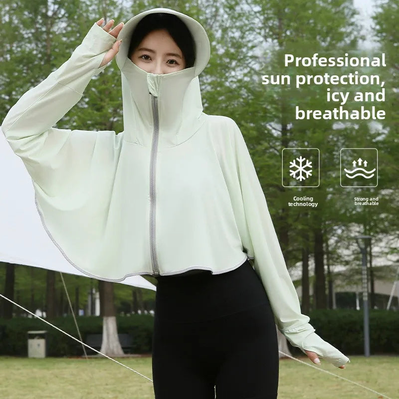 Ice Silk Hooded Sun Protection for Women Brim UV Blocking Breathable Cooling Outdoor Cycling Travel Casual Daily Cover Up Vue Light Green A