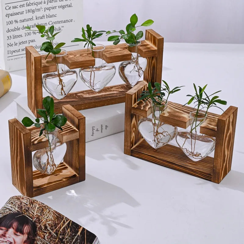 Creative Wooden Frame Hydroponic Small Vase, Green Ivy Plant, Glass Bottle Container, Home Living Room, Office Desk Decoration Vue