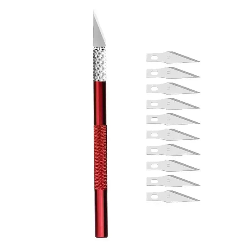 5pcs Blade Fniiva Engraving Cutter withMetal Handle Craft Carving Sculpture Paper Non-Slip Knife DIY Repair Hand Leather Tools Vue Red