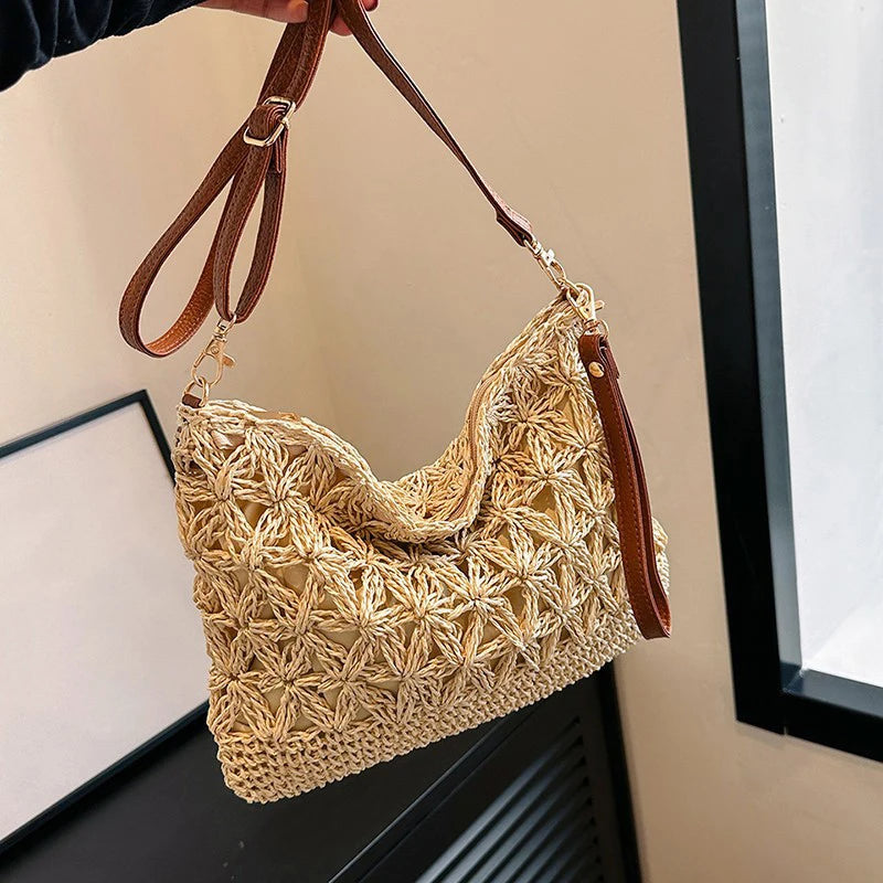 Summer Beach Women Straw Rattan Weave Shoulder Crossbody Bag Hollow