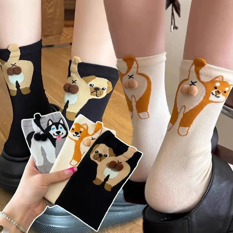 1-10Pairs Kawaii Egg Dog Cartoon Crew Socks for Women Men Cute Puppy Pattern Funny Mid Calf Casual Socks for Fall Winter Daily Vue