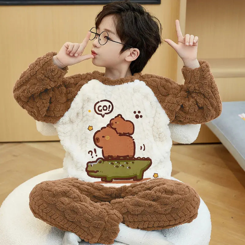 Winter Capybara Kids Boys Pajamas Sets Pyjamas Girls Sleepwear Flannel Fleece Teenage Clothes Children Home Clothes Loungewear Vue Bear Boy Size M(155-160cm)
