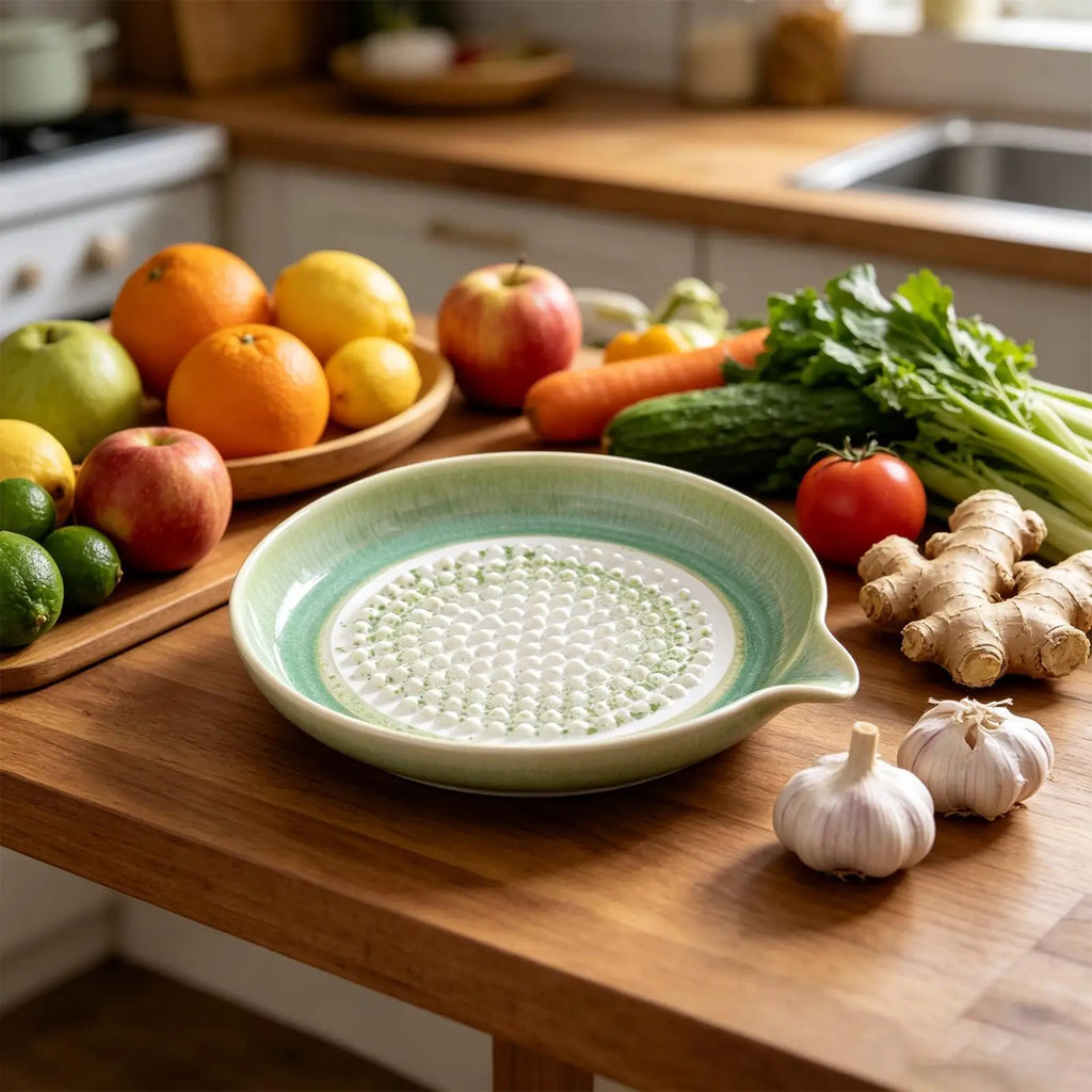 Handmade Ceramic Multifunctional Garlic Grater Plate, Kitchen Tool for Ginger, Onion & Chocolate, Durable Dish for Home Cooking Vue