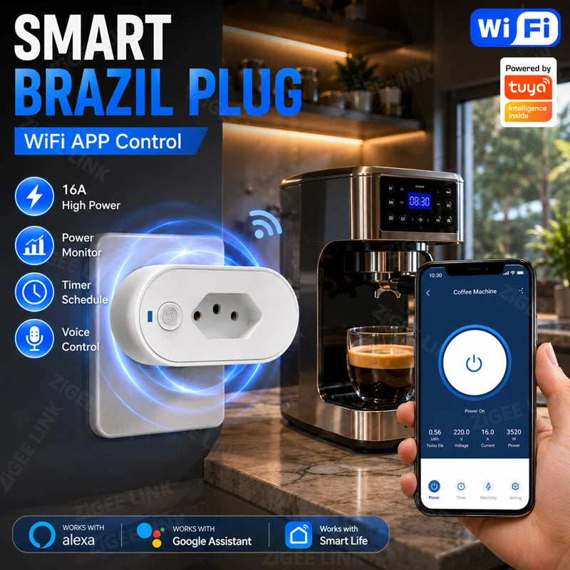 16A Brazil WiFi Smart Socket Smart Life APP Real-Time Power Monitor Timer Wireless Remote & Voice Control Work With Alexa Google Vue