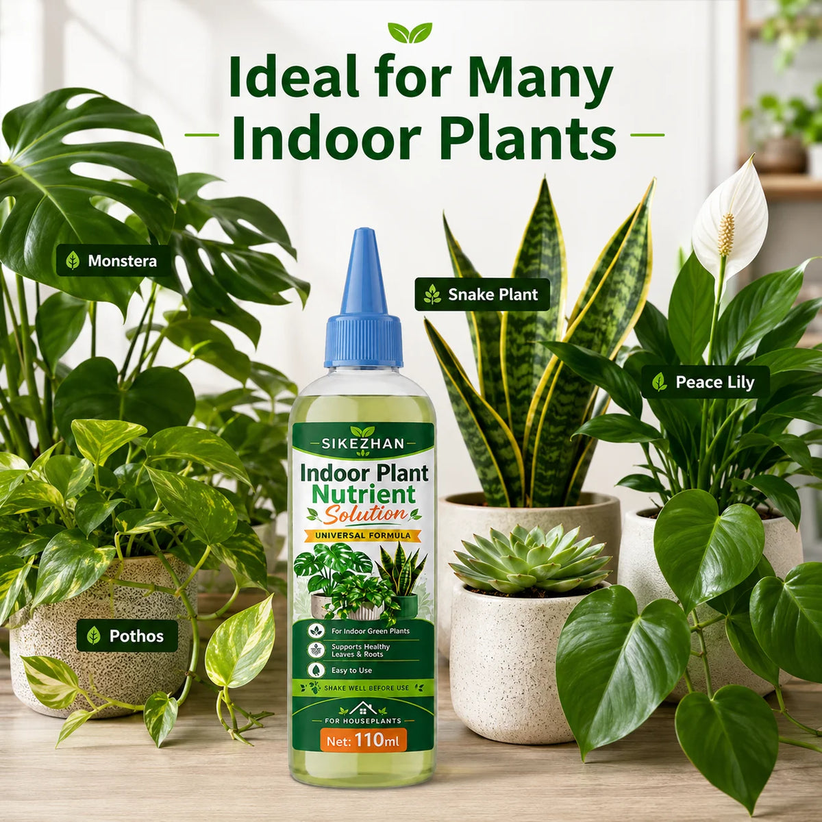 SIKEZHAN Indoor Plant Nutrient Solution 110ml Universal Liquid Plant Food for Houseplants Green Leaves Roots Easy Use Vue