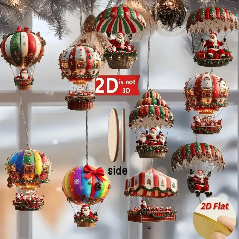 Christmas Wooden Air Balloon Santa Claus 2D Flat Pendant Tree Vue