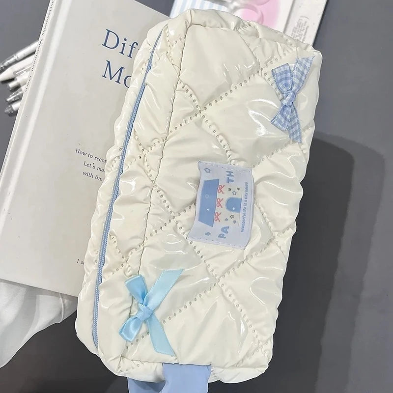 Blue White Bow Pencil Case Large Capacity Cute Stationery Bag Girls Cosmetic Travel Storage Bag Vue