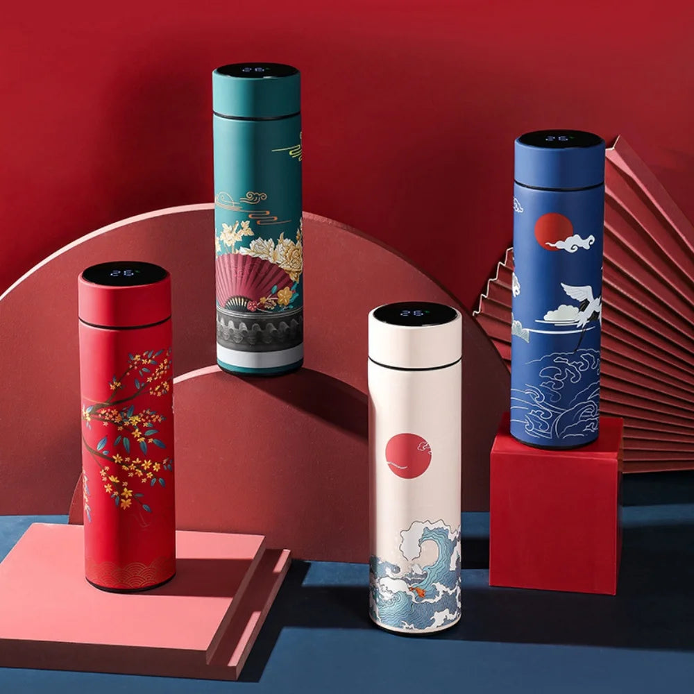 Chinese Style Vacuum Flask With Temperature Display Retro Smart Insulated Water Bottles 304 Stainless Steel Thermal Cu Travel Vue
