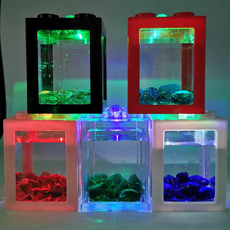 Mini Fish Tank with LED Lighting Aquarium LED Light Box Stackable Aquarium Cylinder Landscape Seawed for Home Office Decoration Vue