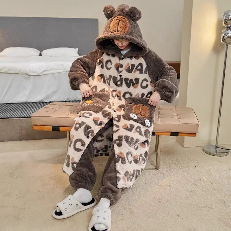 Pajamas Autumn And Winter Men'S Fleece Thickened Coral Fleece Bathrobe Cartoon Character Capybara Conan Bathrobe Set Vue