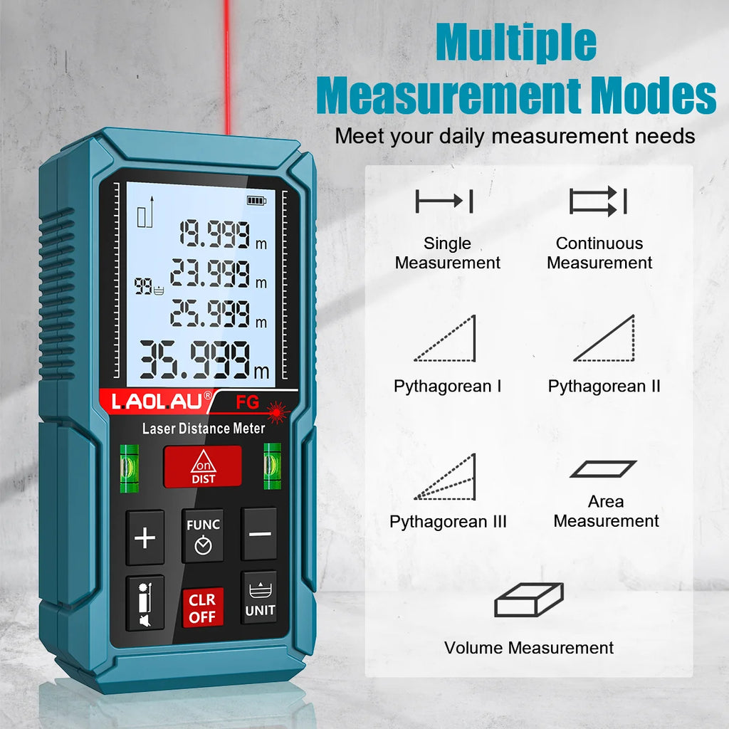 Laser Meter Digital Tape Timer Trigger Measure Tools 50m 100m 150m Laser Distance Meter Bubble Level Handheld Laser Rangefinder Vue