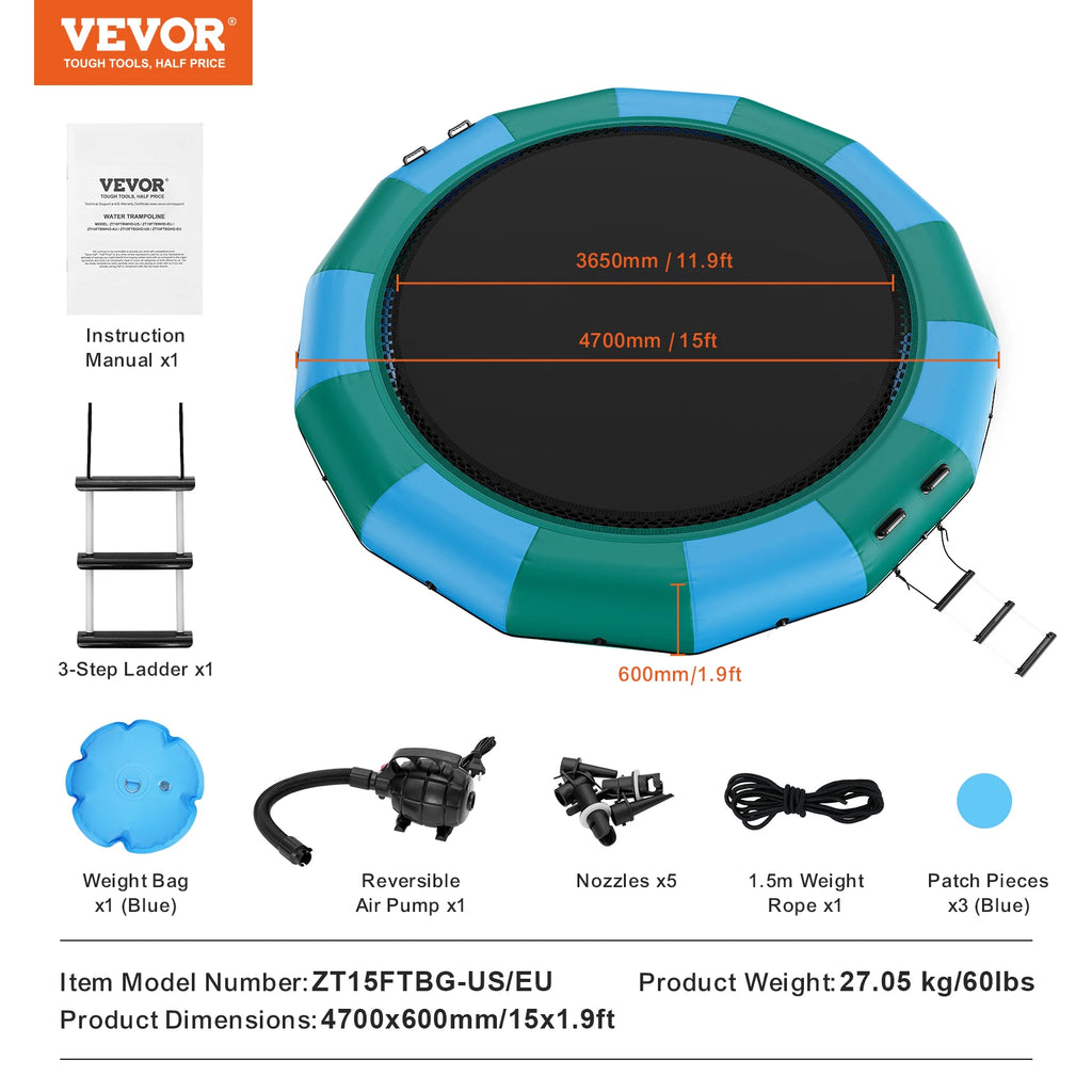 15ft Inflatable Water Trampoline Bounce Platform with Pump & Ladder Inflatable Water Trampoline Vue 15ft United States