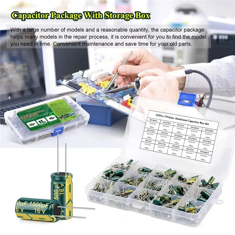 Hot-15 Values 225Pcs Aluminum Electrolytic Capacitors Kit Vue
