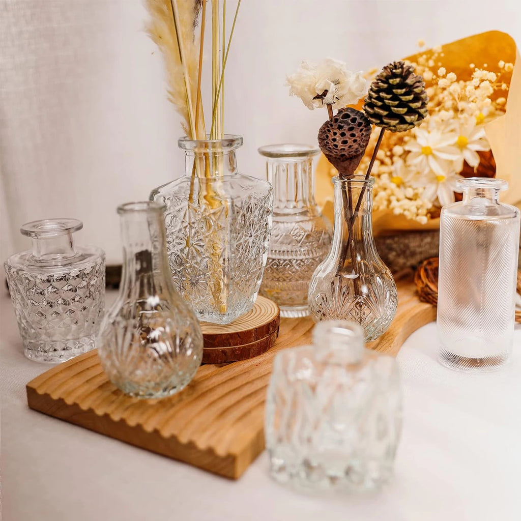 40PCS French Retro Relief Mini Glass Vase Simple Desktop Decor Bottle Transparent Striped Flower Vases Home Office Decoration Vue