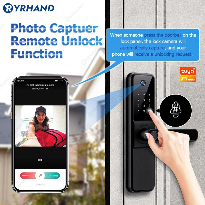 YRHAND Tuya Wifi fechadura eletronica digital Smart Door Lock With Biometric Camera Fingerprint Smart Card Password For home Vue