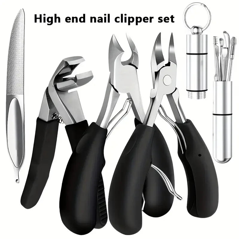Modern Stainless Steel Toenail Clippers High End Nail Clipper Set for Elderly with Wide Grip Handles, Convex Blade Edge, Vue Black 5pcs