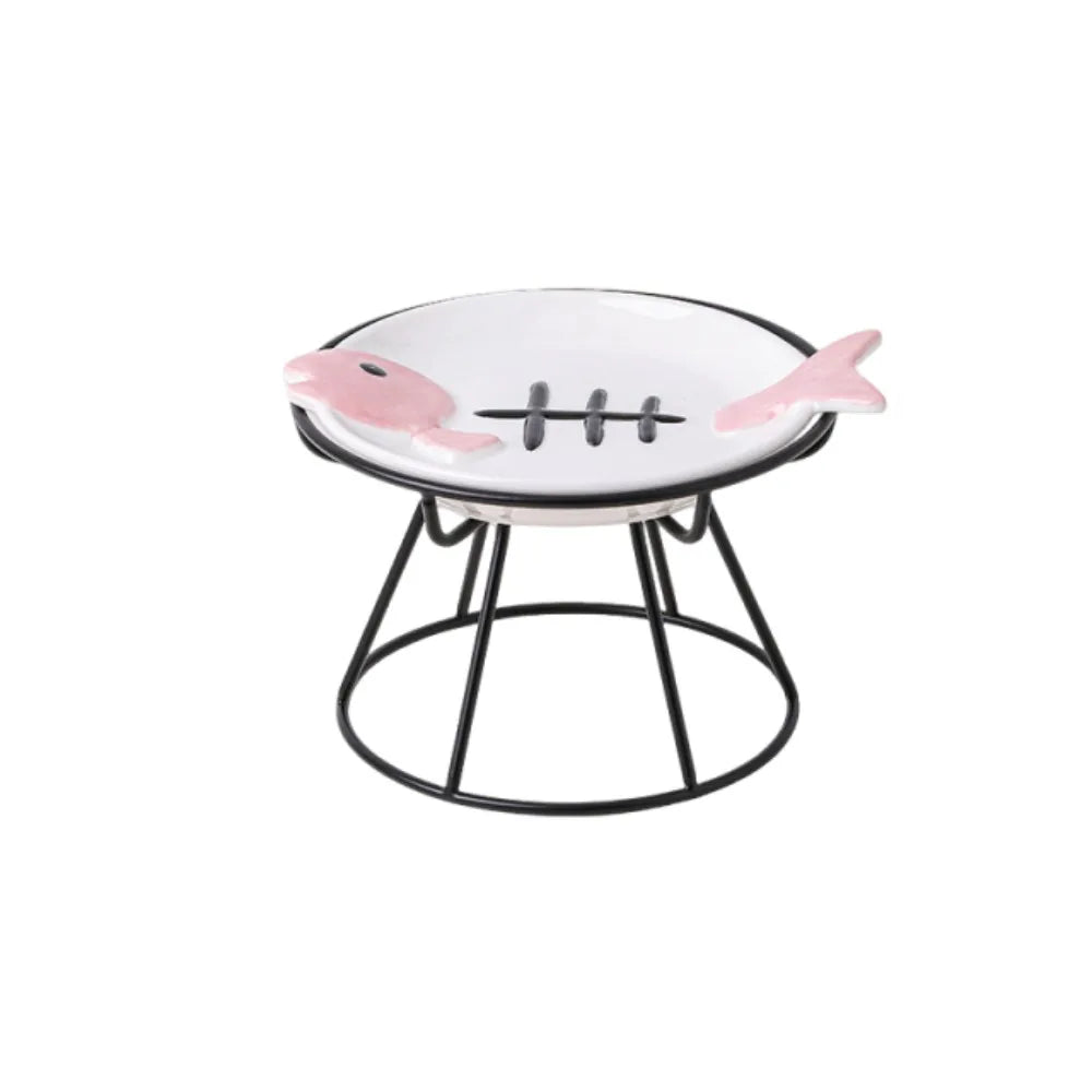Cat Basin Ceramic Elevated Cat Bowl Fish Bones Anti-Vomiting Pet Food Water Bowl Anti Slip Cute Raised Pet Feeder Wet Dry Food Vue Pink with Stand