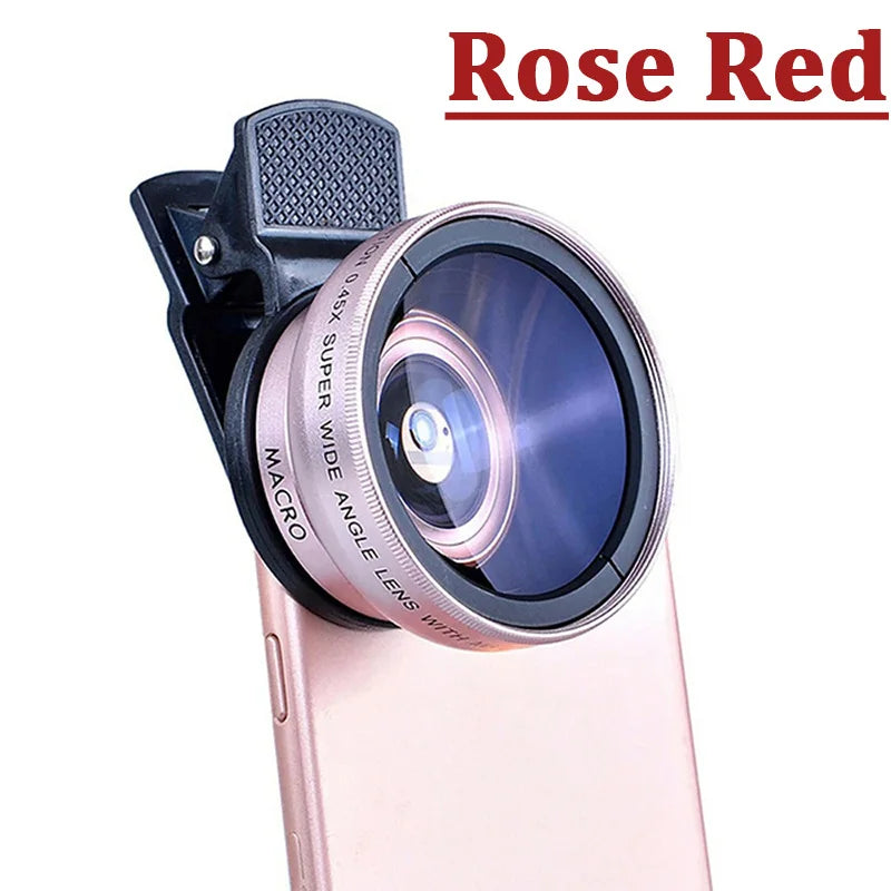 2 IN 1 Lens Universal Clip 37mm Mobile Phone Lens Professional 0.45X 49uv Super Wide-Angle + Macro HD Lens For iPhone Android Vue Pink