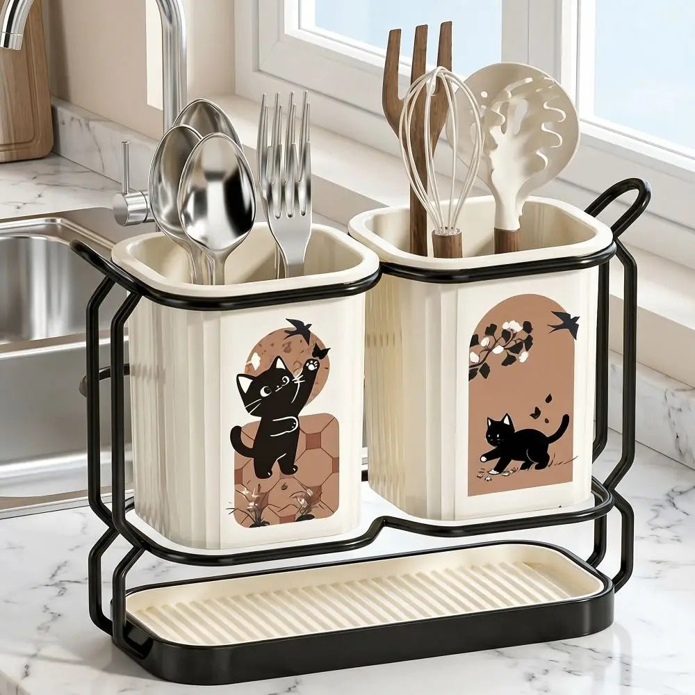 Cute Cat Kitchen Storage Basket Durable Organizer Cutlery Holder Standing No-drill Tableware Drainer Household Vue