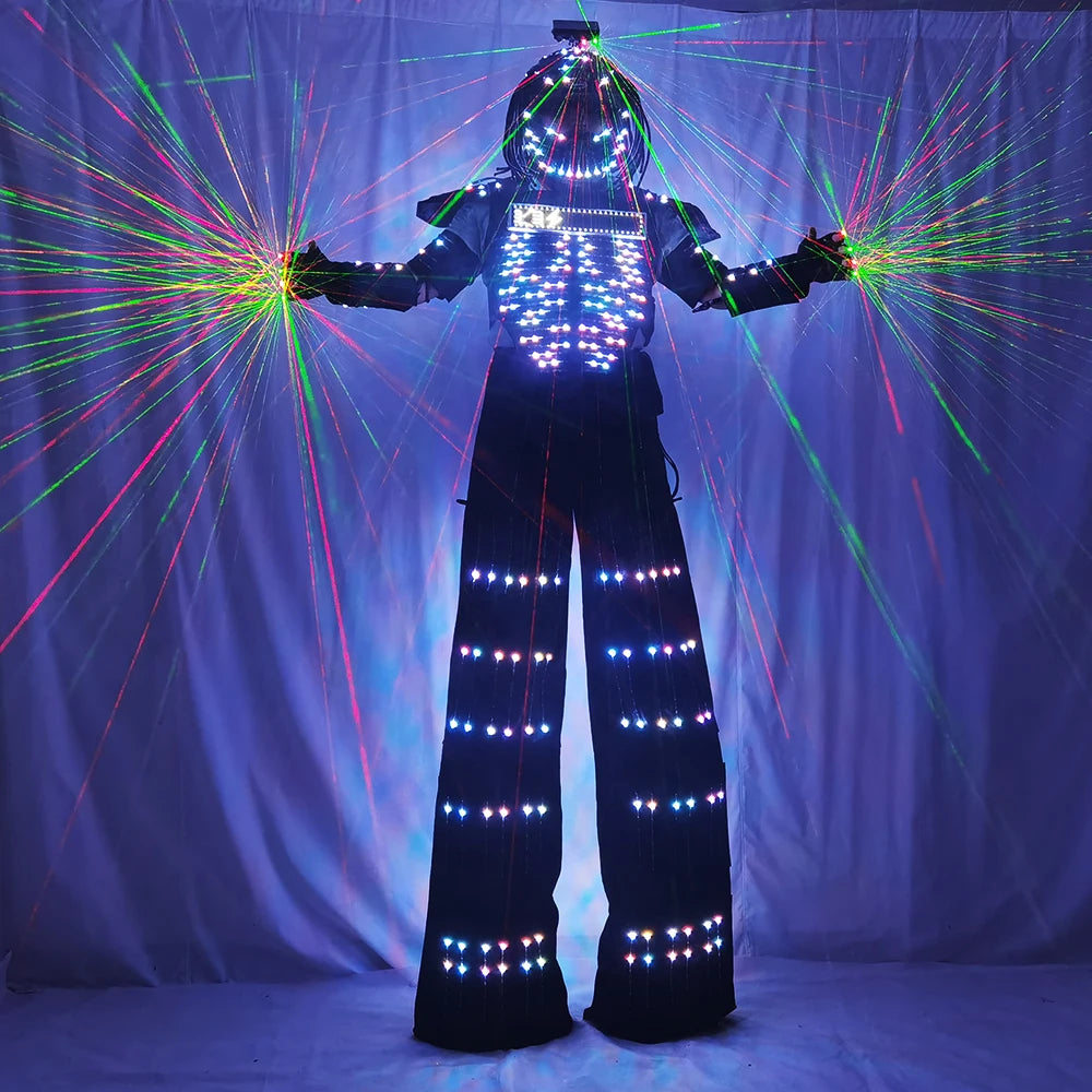 LED Robot Costume for Women Stilt Walking Light-Up Suit RGB Remote Control Glowing Outfit with LED Gloves for Party Parade Carni Vue