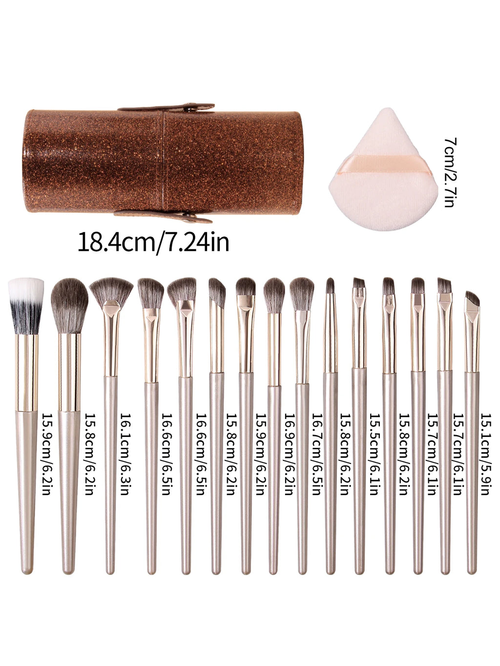 18Pcs Champagne Makeup Brush Set Face Eye Cosmetic Brushes, 2 Triangle Powder Puffs, Glitter Bronze Cylinder Brush Case Beauty K Vue