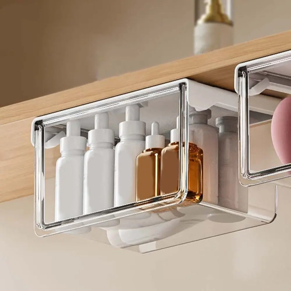 Plastic Drawer Style Storage Box Transparent Self Adhesive Under Desk Drawer Organizer Large Capacity Space Saving Qtip Holder Vue