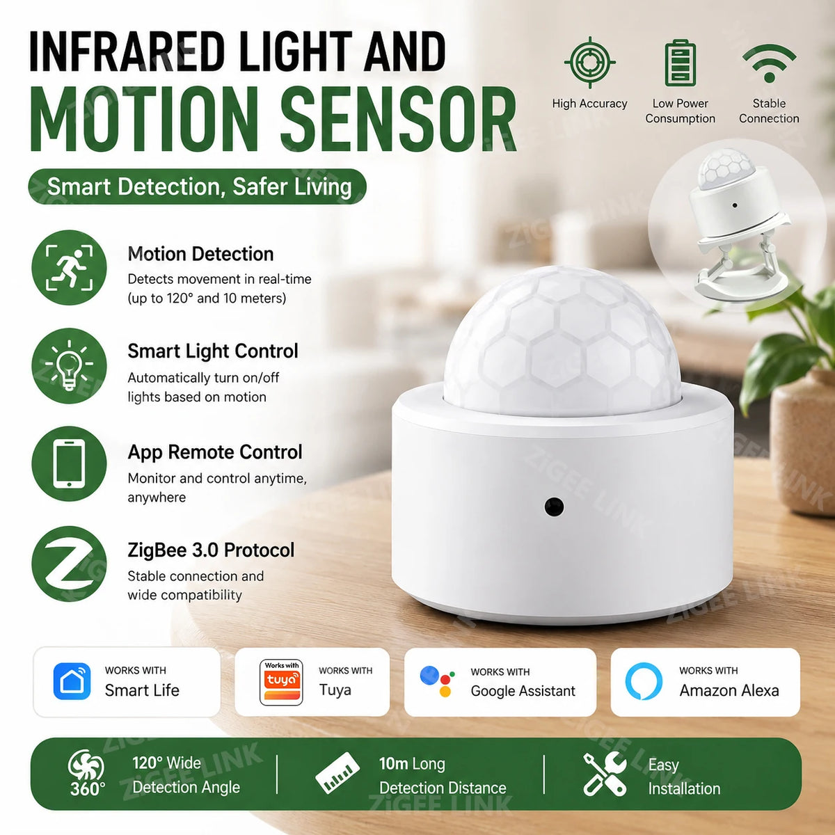 Zigbee3.0 Mini PIR Human Motion Sensor Wireless Infrared Body Detector Smart Life APP Security Alarm Reminder Alexa Google Home Vue