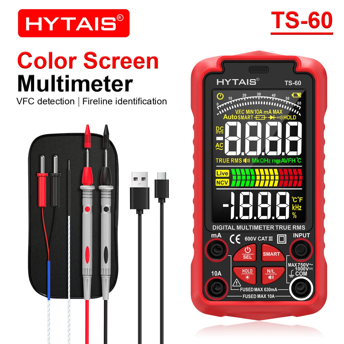 HYTAIS TS-60 Digital Multimeter Professional USB Charging 6000 Count Color Screen Anti-Burning Smart Multimeter for Electricians Vue Red